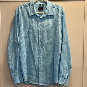 Haupt  92% linen Men's Light Blue Striped long sleeve Shirt with roll up tabs
